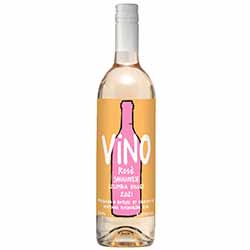 An appealing-clear bottle of wine with pink liquid inside, white screw top capsule, and colorful label.